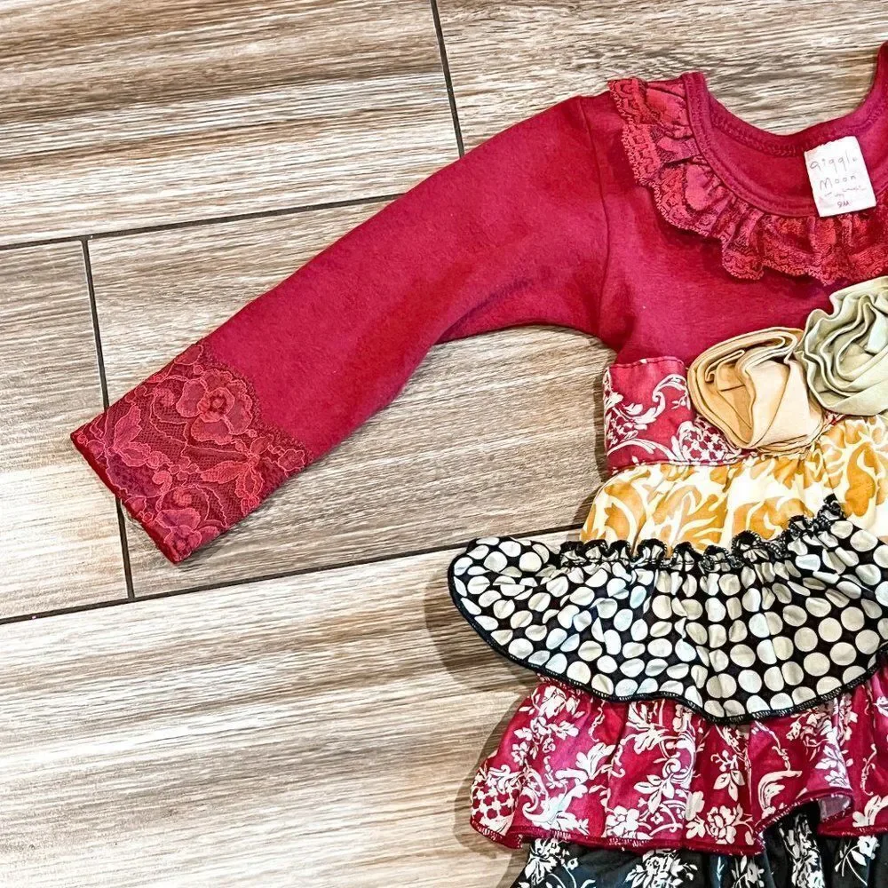 Giggle Moon Long Sleeve Burgundy and Gold Dress, Size 9M